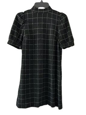 LOFT Black Windowpane Mini Dress with Puff Sleeves